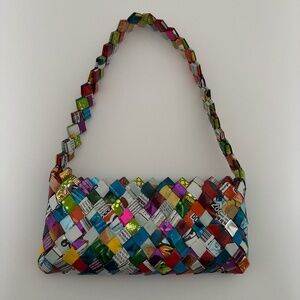 Colorful Multi Colored Y2k Woven Candy Wrapper Mini Bag Purse W/ Yellow Zipper